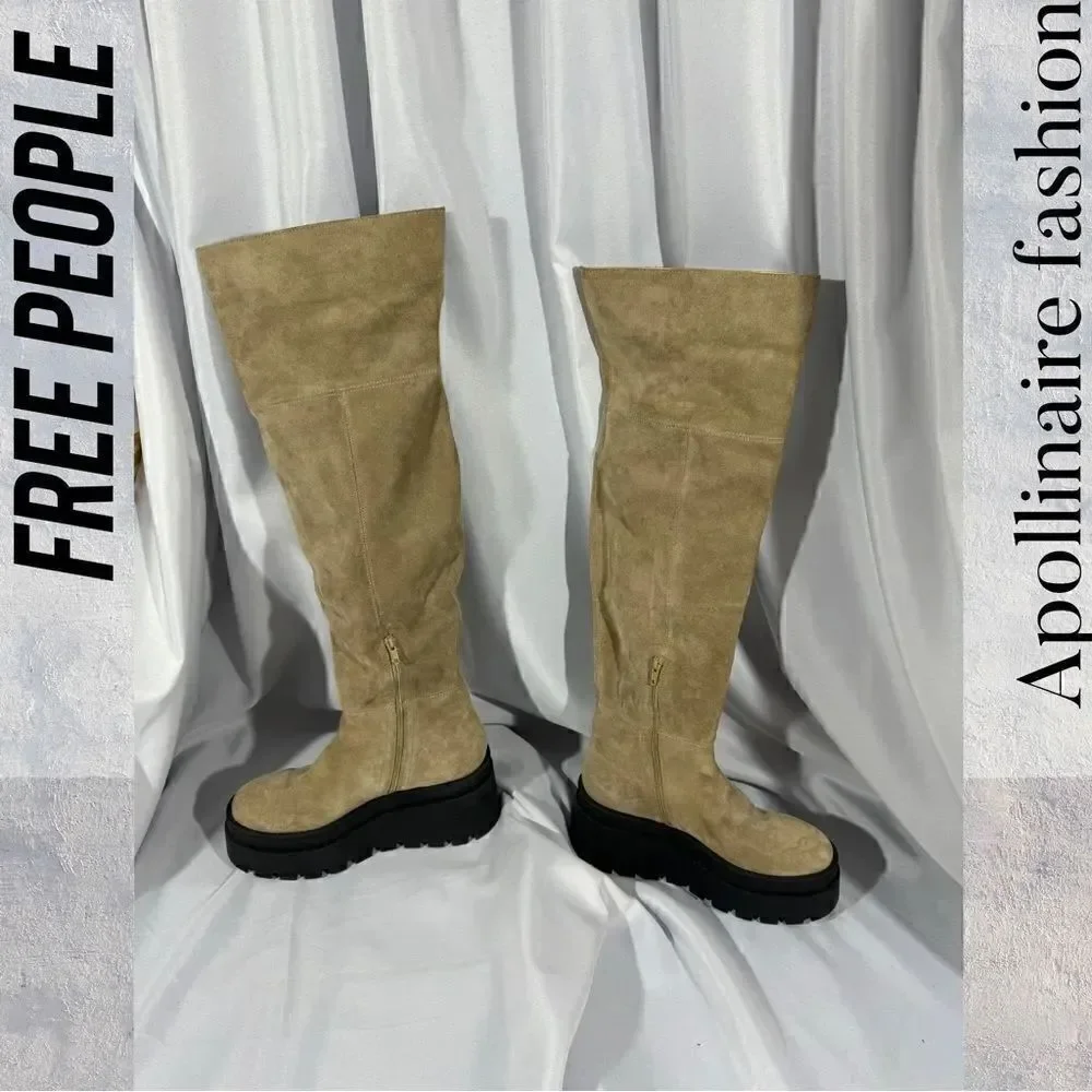 FREE PEOPLE LONDON CALLING SUEDE OVER THE KNEES BOOTS IN STONE SIZE 39